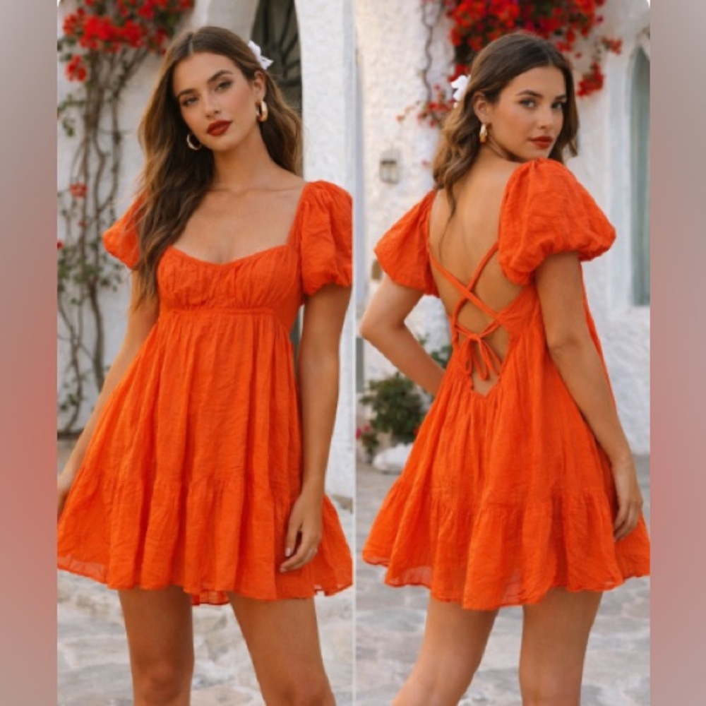 Free People Marina Mini Dress Orange S Cotton Puff Sleeve Open Back Babydoll
